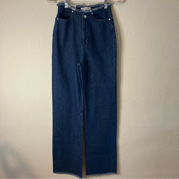 We Wore What Frayed High Rise Straight Leg Jeans in True Blue - Picture 2 of 9